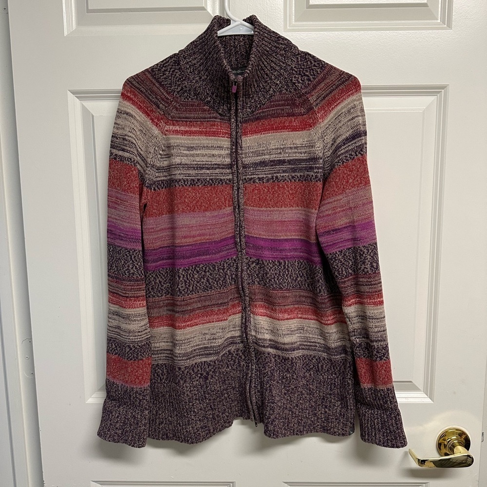 Eddie Bauer Knit Zip Pink and Purple Striped 100% Cotton Cardigan Sweater L